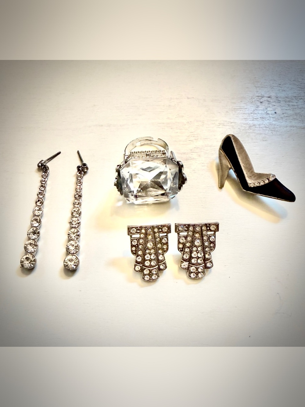 Clear Crystal Statement Ring, Earring and bonus shoe pin Set - Silver Tone